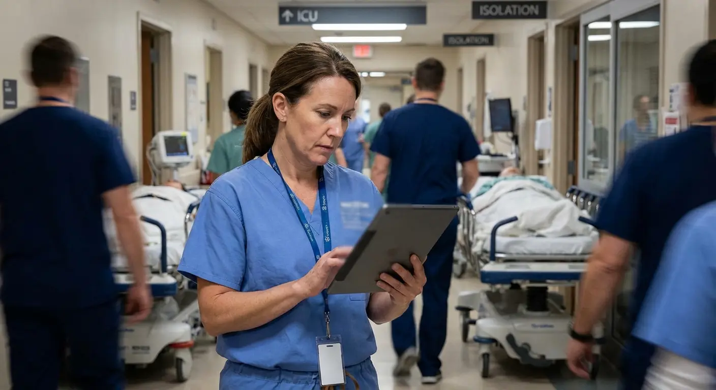 Professional using phone with privacy screen in office