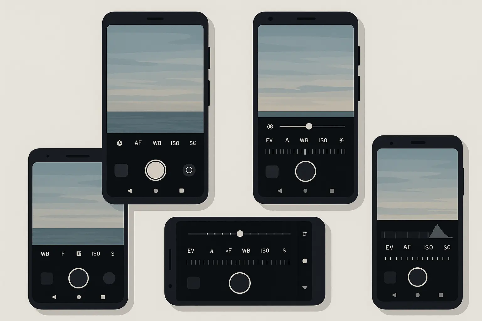 Android camera phones displaying various photography features and interfaces