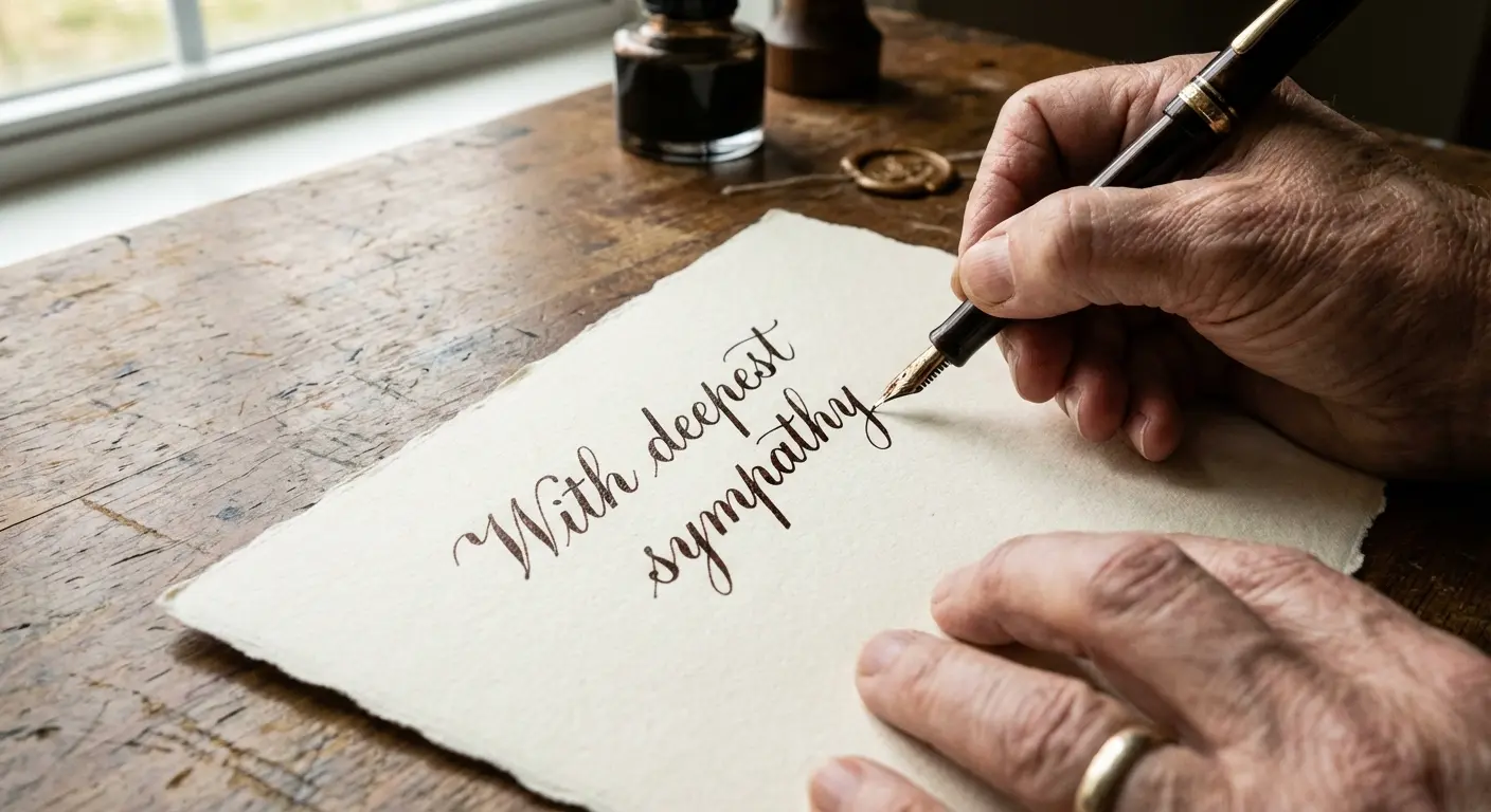 Handwritten sympathy card on wooden table