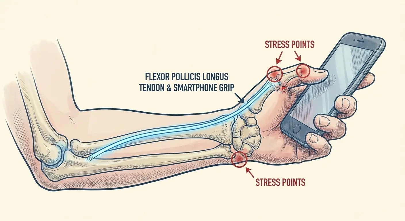Diagram showing thumb tendon strain from phone use