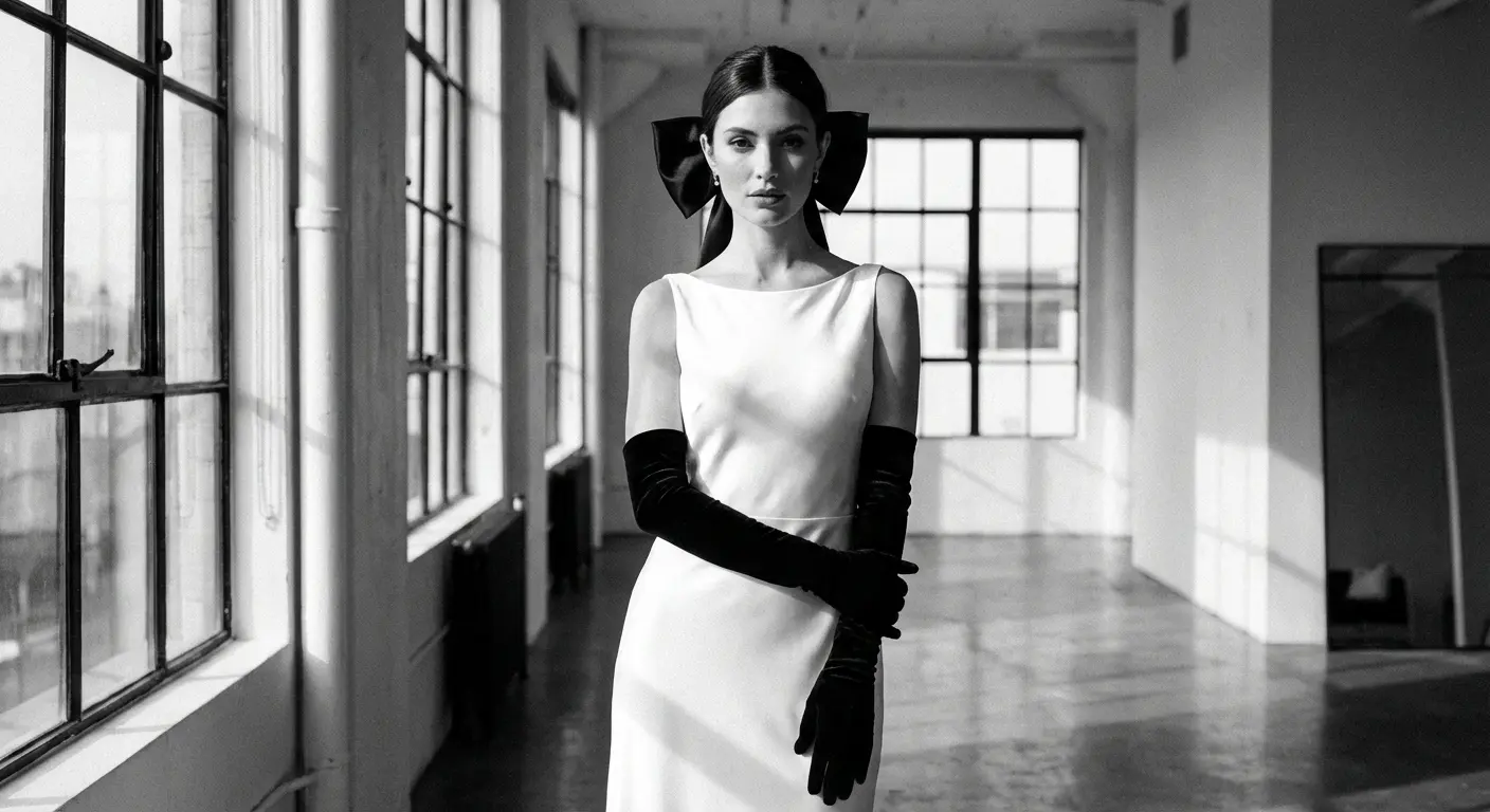Wedding dress with black bow accents