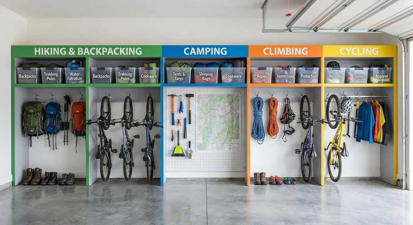 Organized outdoor sports gear staging area
