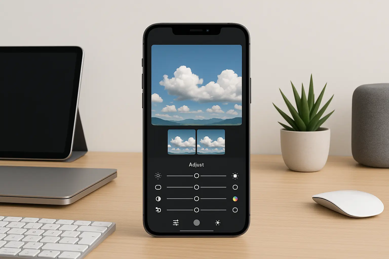 Professional workspace with photo editing
