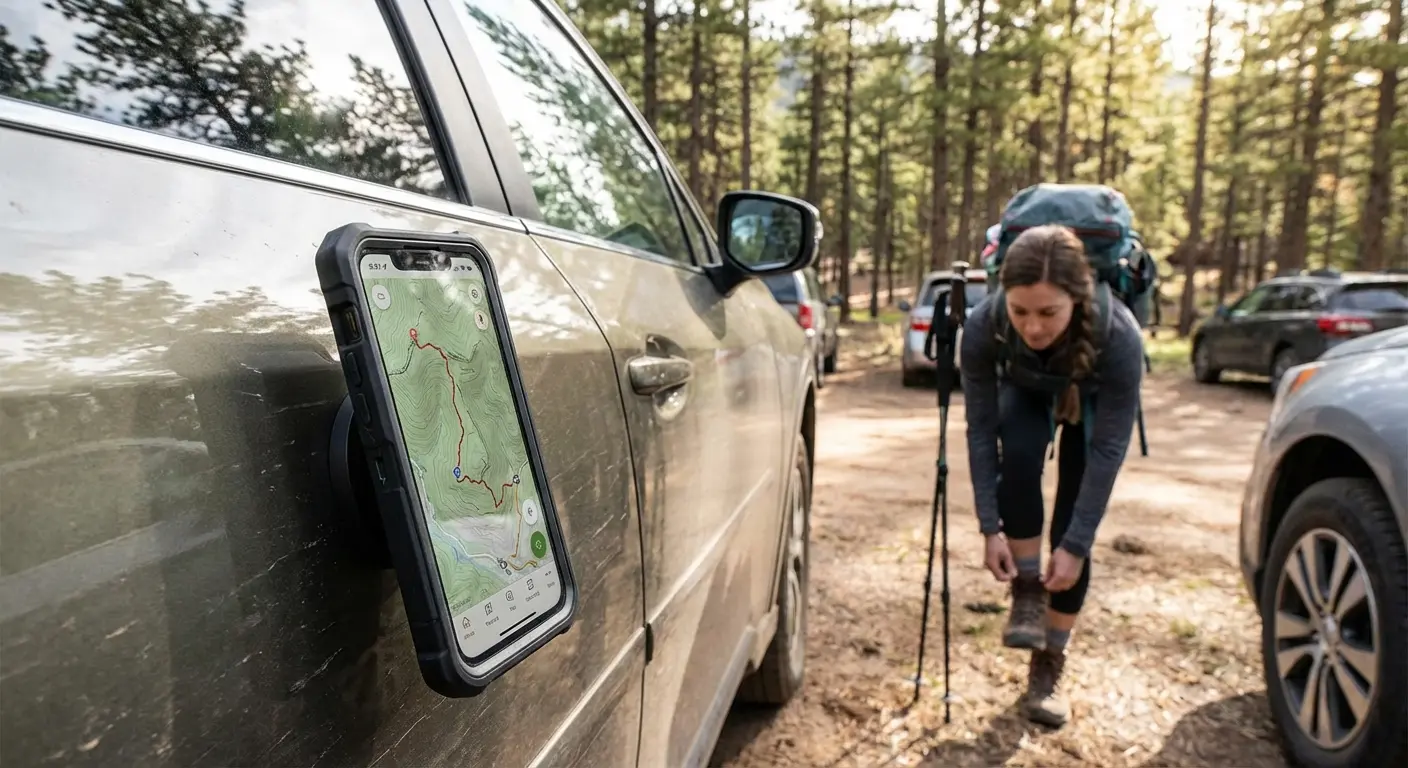 Phone mounted magnetically to car door