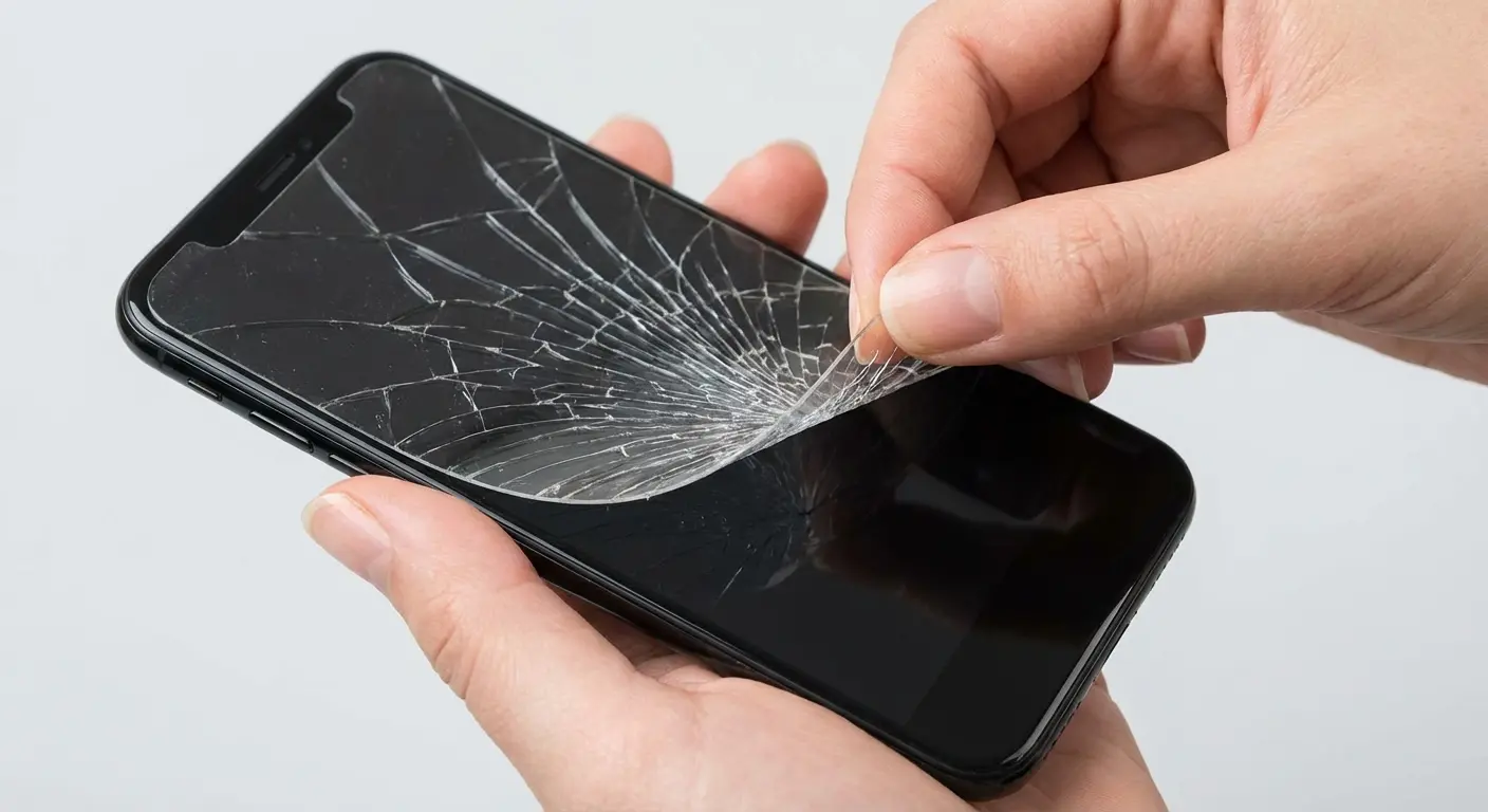 Person inspecting phone screen after protector crack to check for underlying damage