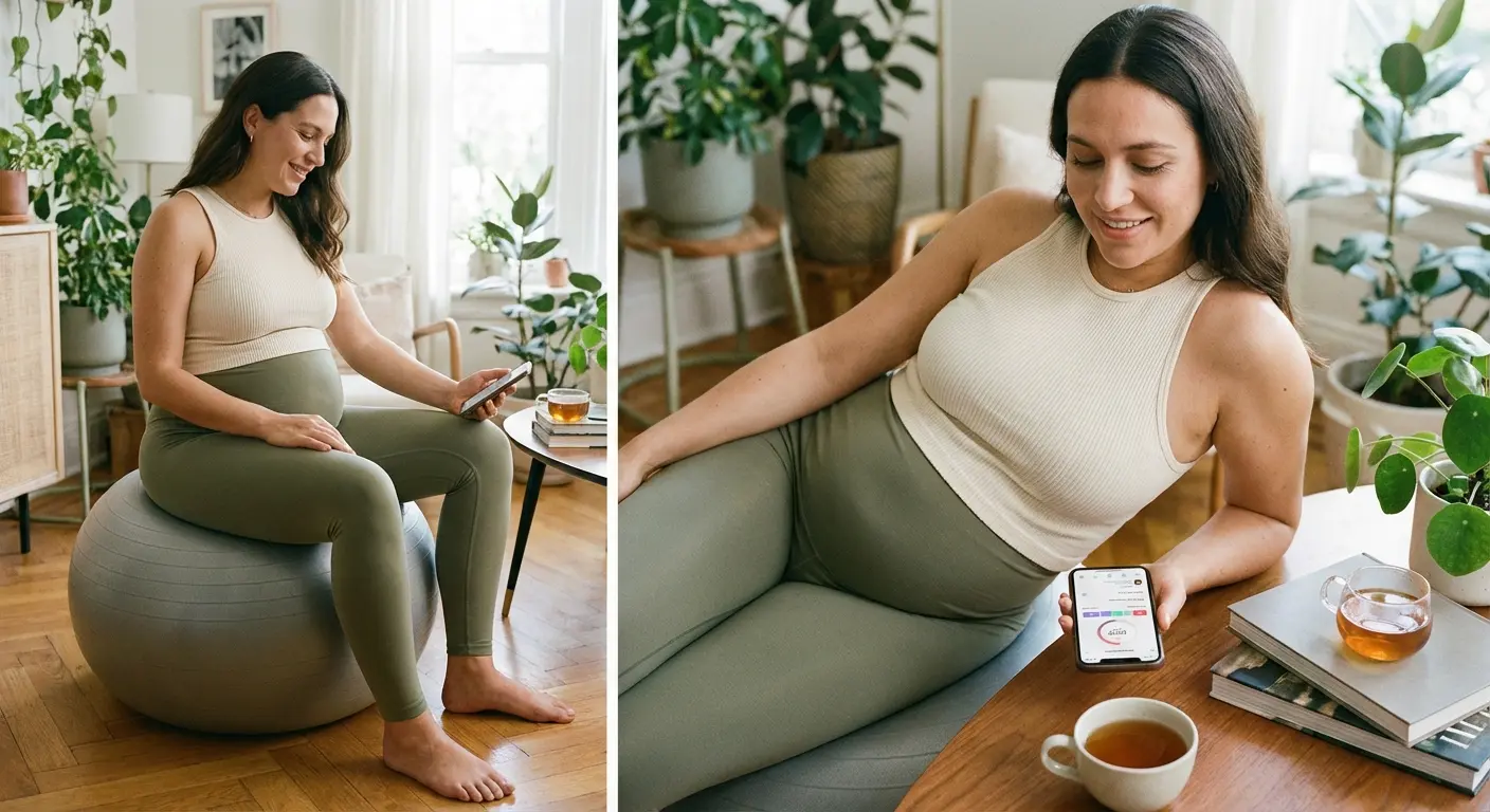 Pregnant woman doing yoga with laptop guidance