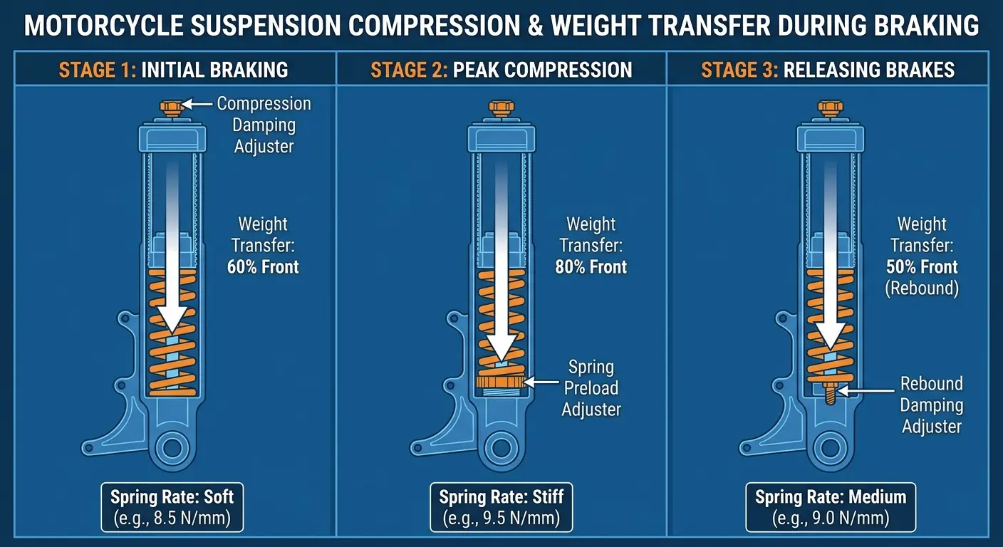 Motorcycle suspension compression during weight transfer