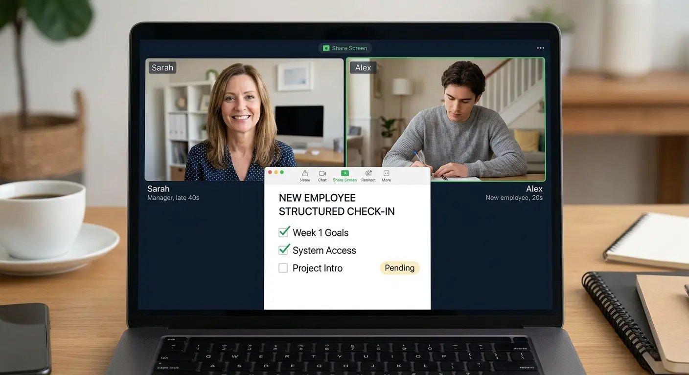 Manager conducting video check-in with new remote employee