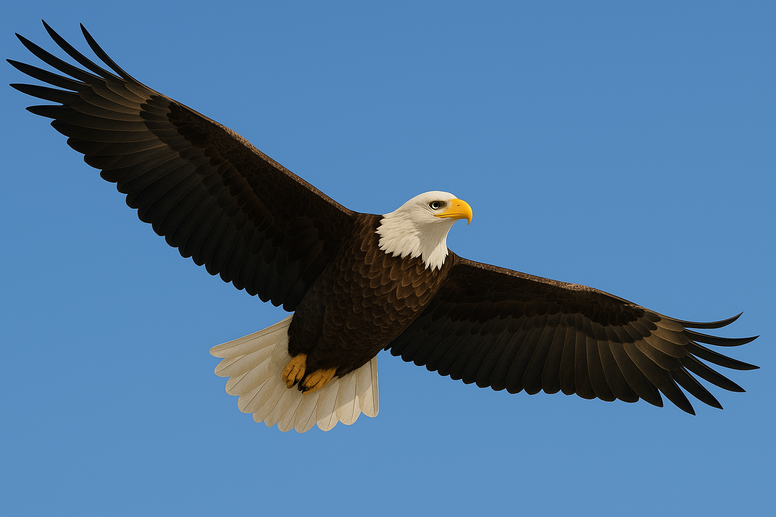 Bald eagle soaring with wings spread against clear sky