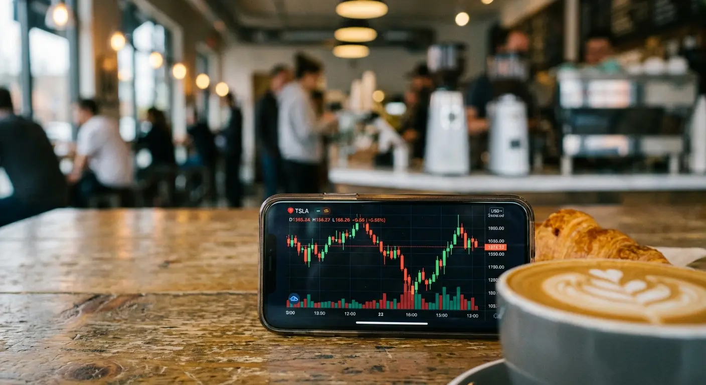 Person trading stocks on a mobile phone while holding a coffee cup