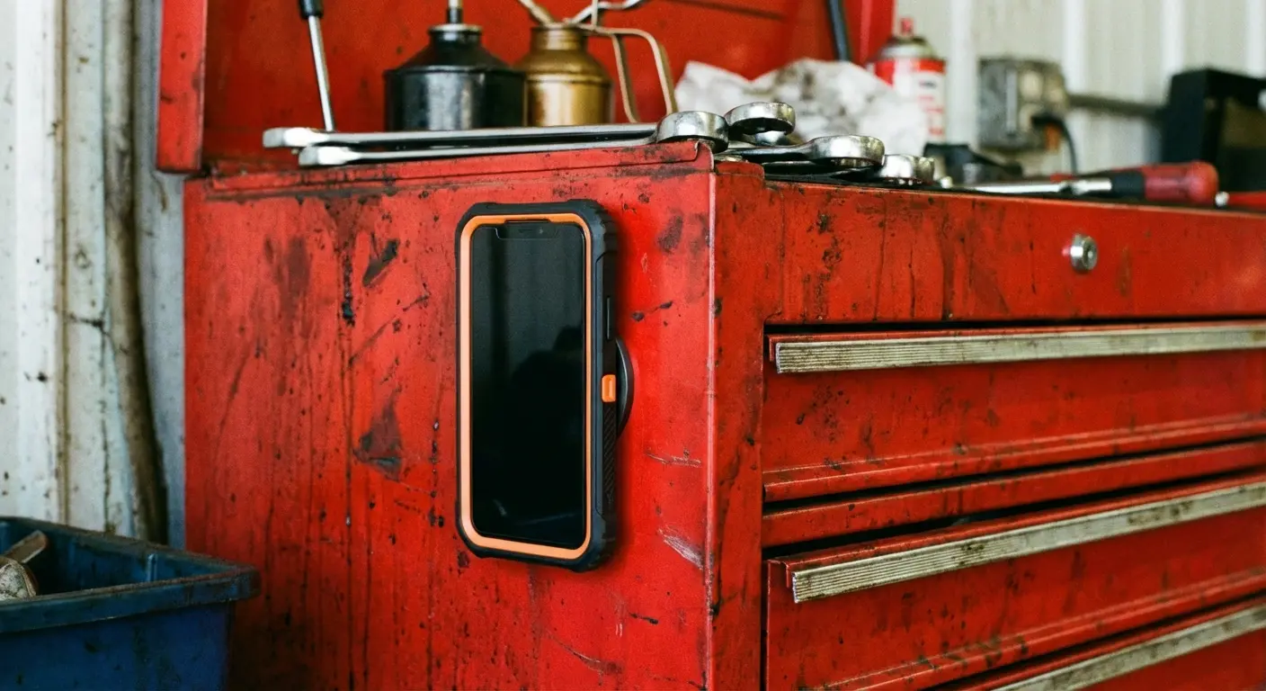 Rugged phone case mounted on industrial machinery