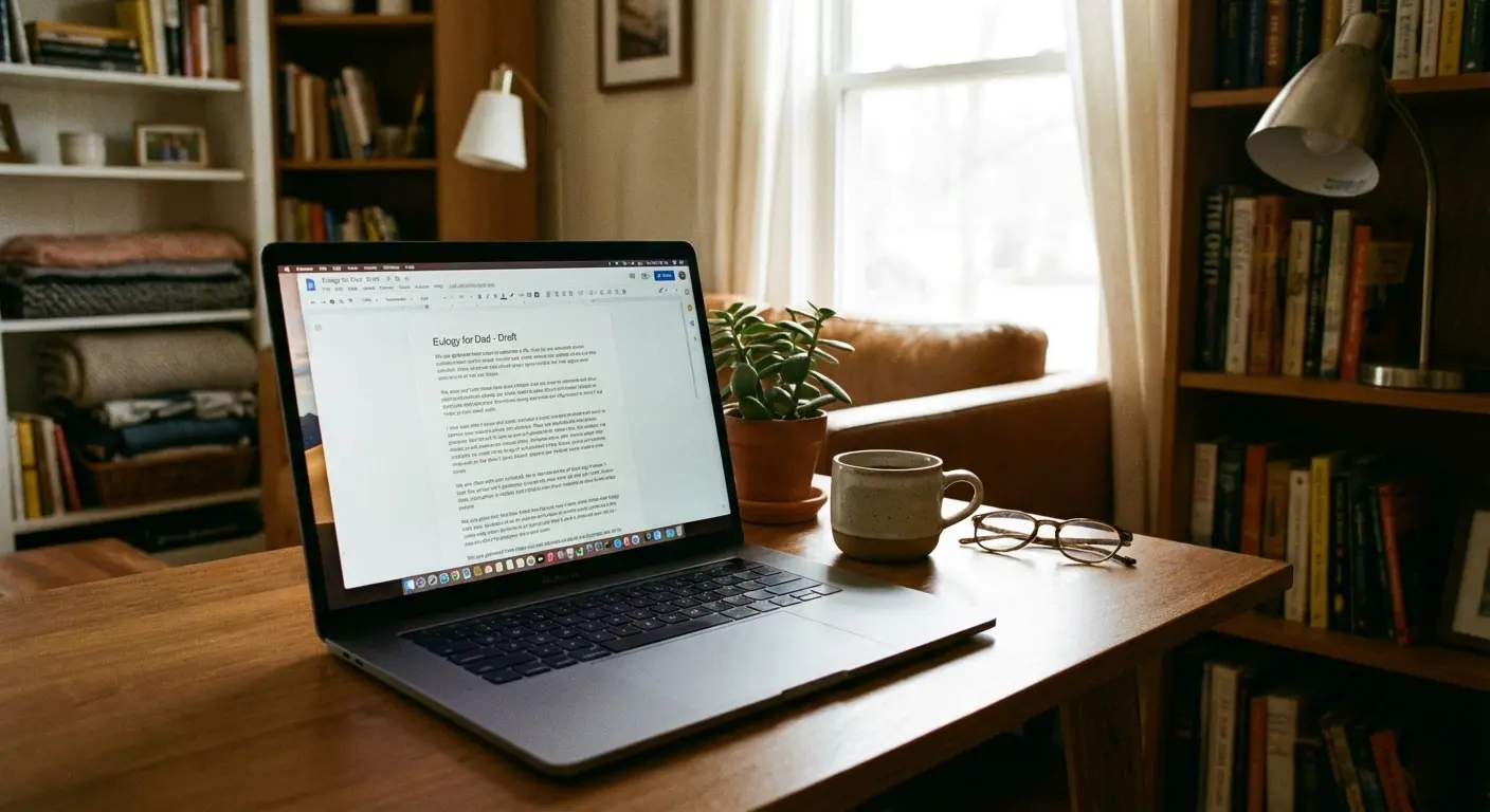 Eulogy Generator tool interface showing narrative building