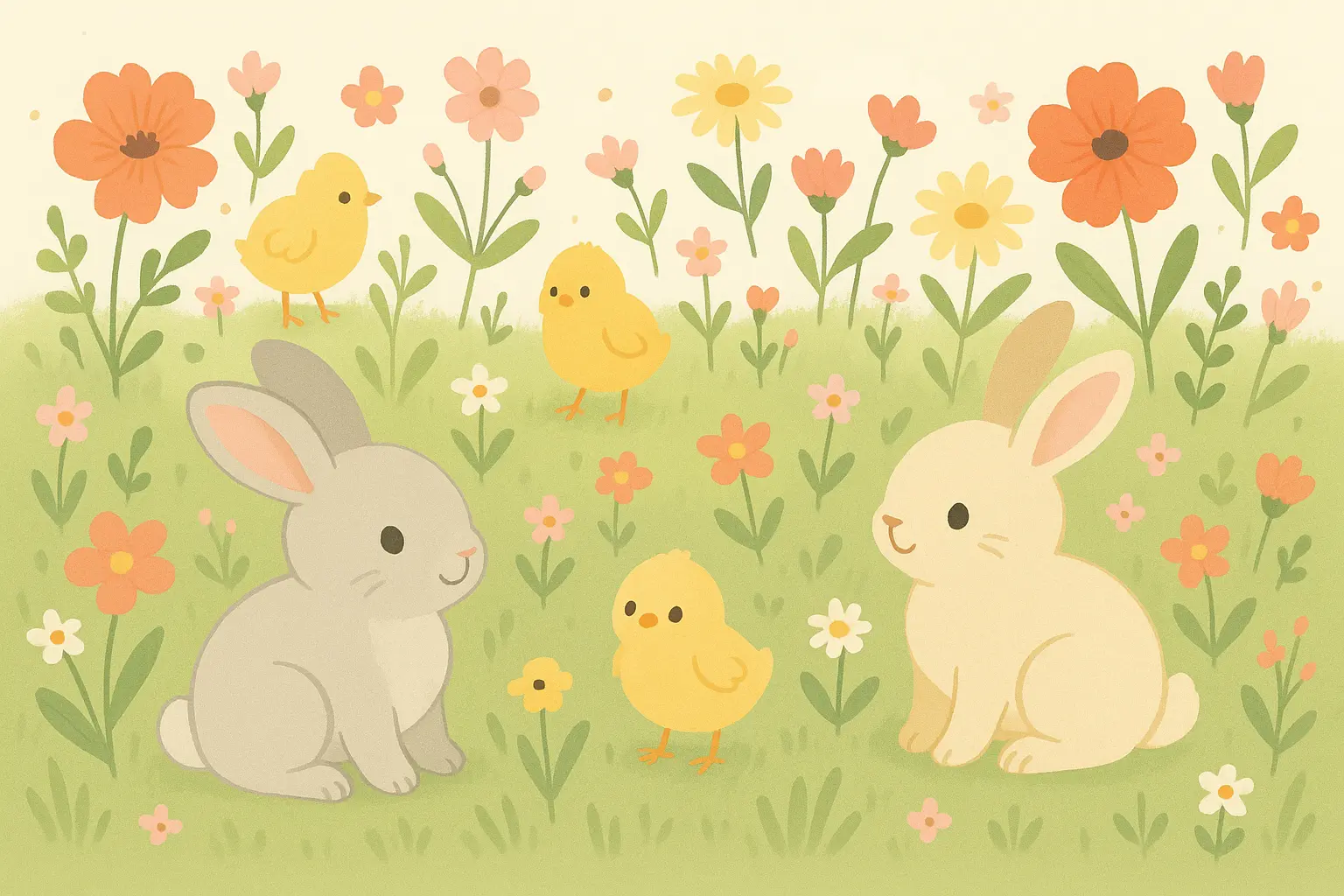 Cute baby animals in spring meadow wallpaper