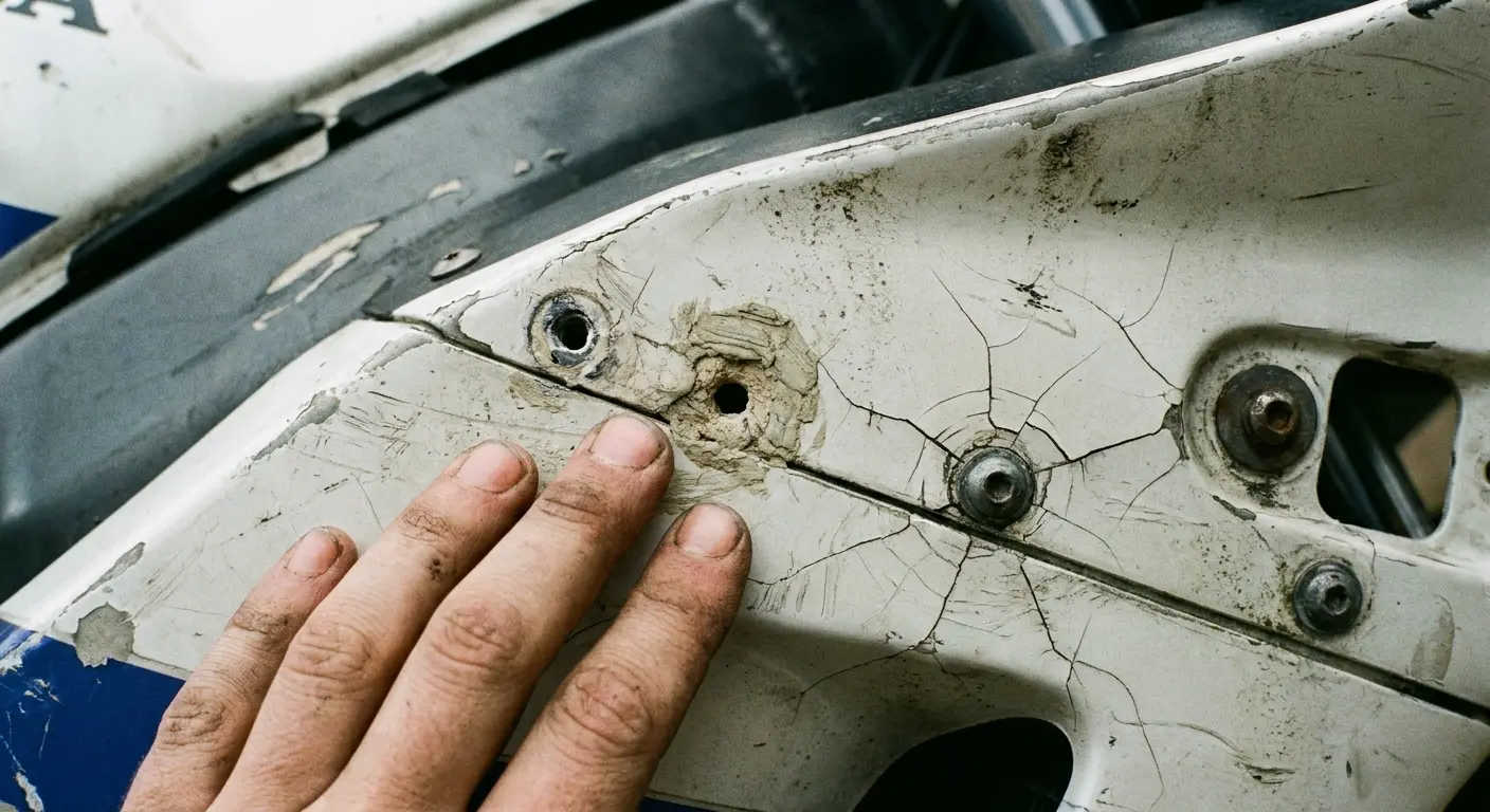 Motorcycle fairing with visible drill holes showing modification damage