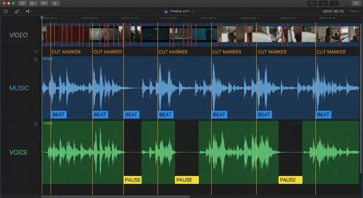Audio waveform showing cut points on beats