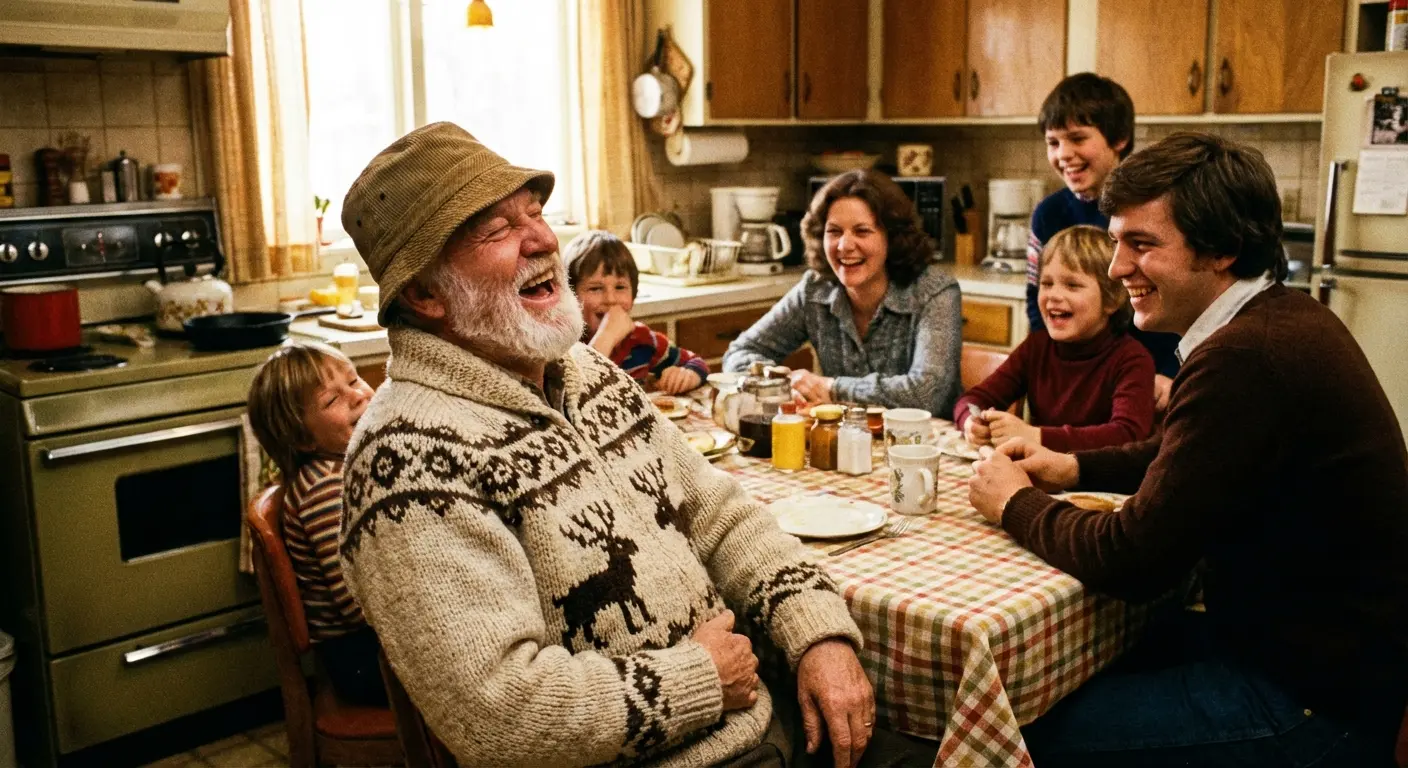 Father and son sharing a candid, laughing moment on a park bench