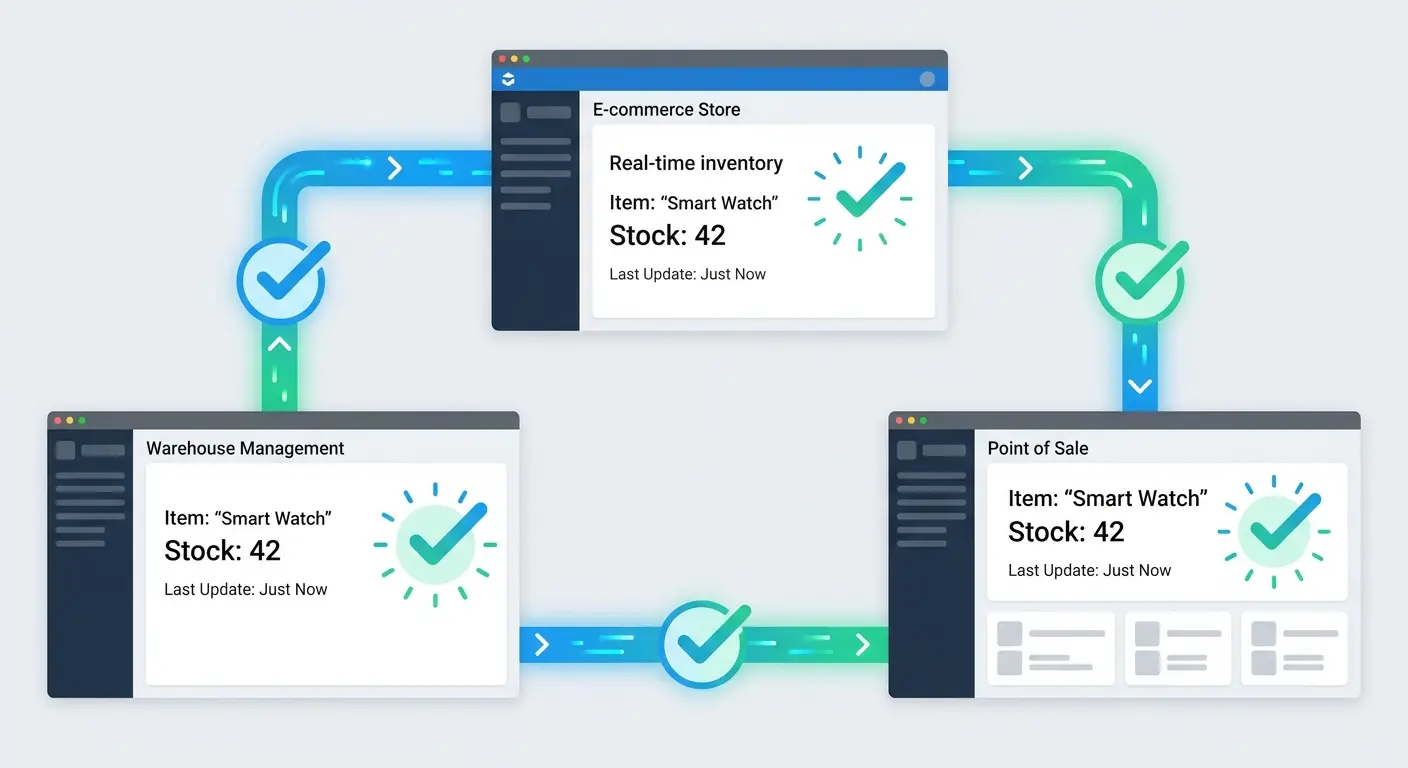 Split-screen comparison showing manual stock updates with errors versus automated syncing across procurement platforms with real-time accuracy