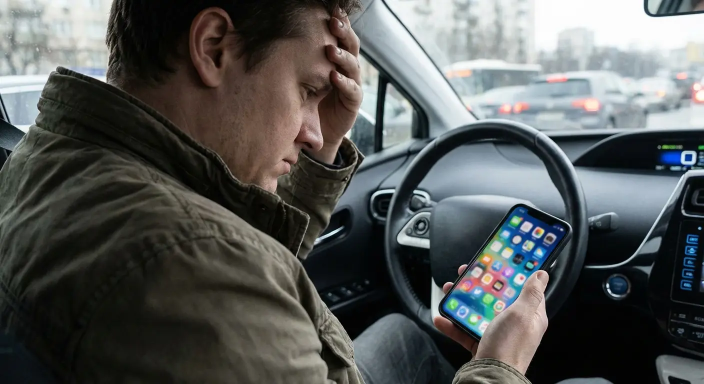 Person holding a phone in a car, looking overwhelmed by music choices