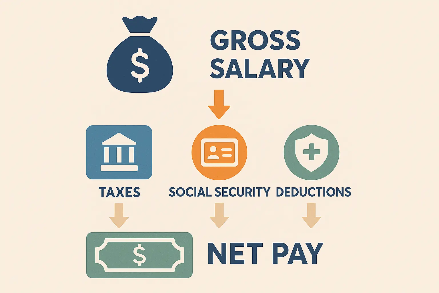Paycheck breakdown showing tax deductions and net pay calculation