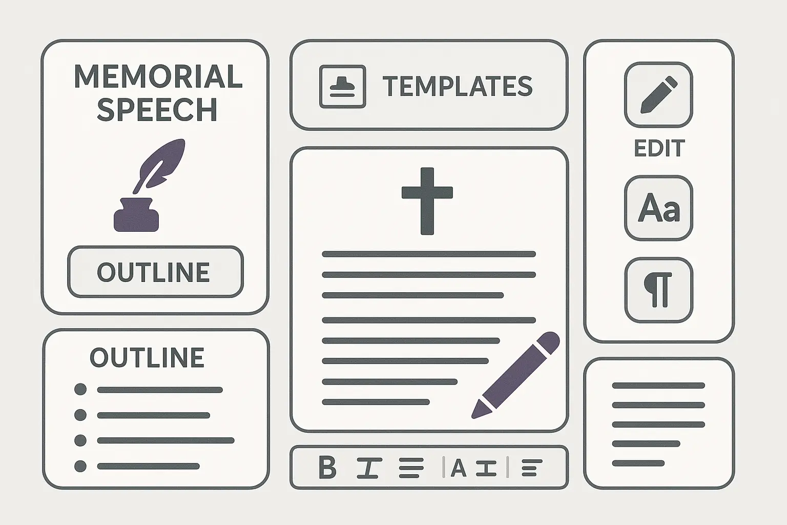 Person writing memorial speech with support materials