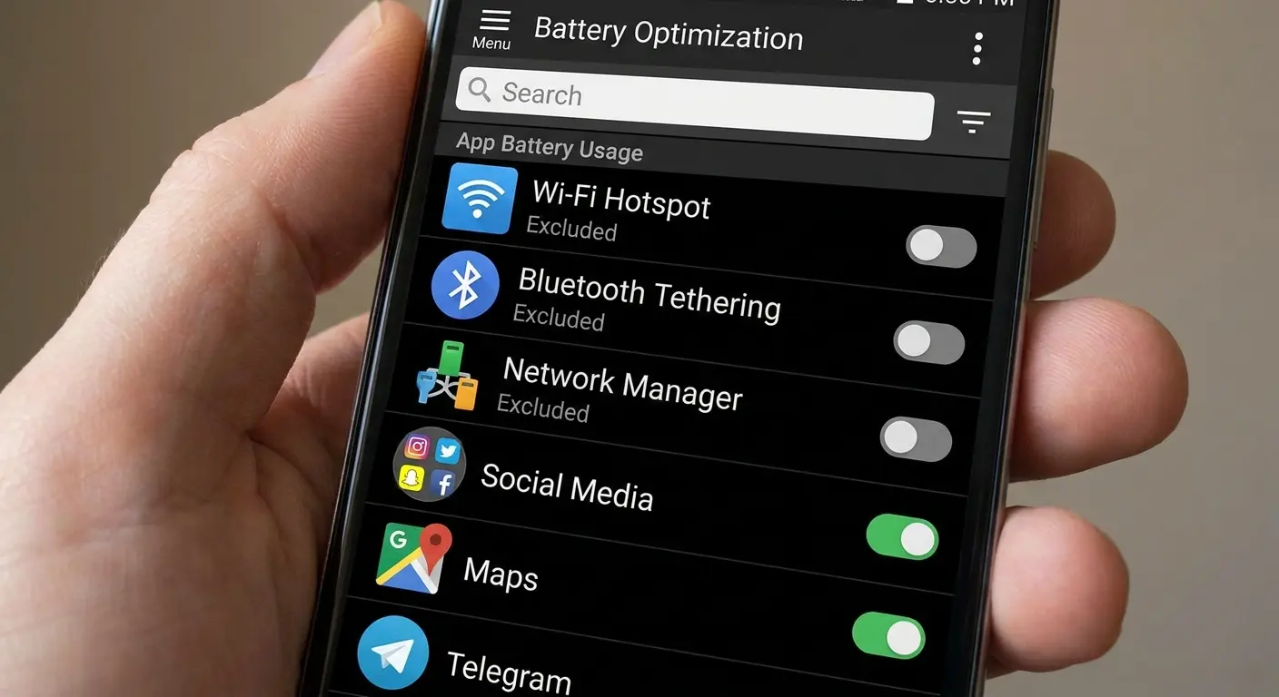 Battery optimization settings affecting hotspot performance