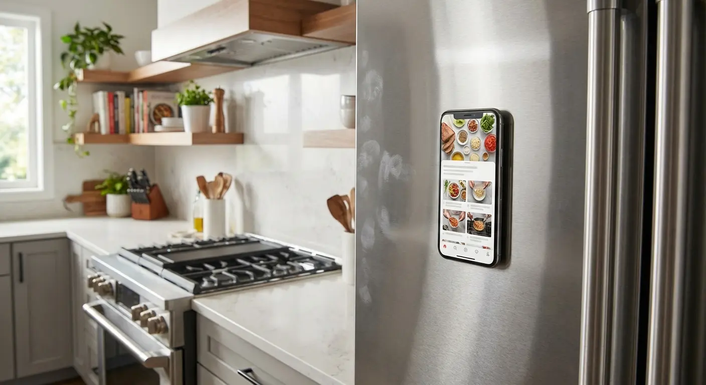 Smartphone magnetically mounted on a kitchen range hood for easy recipe viewing