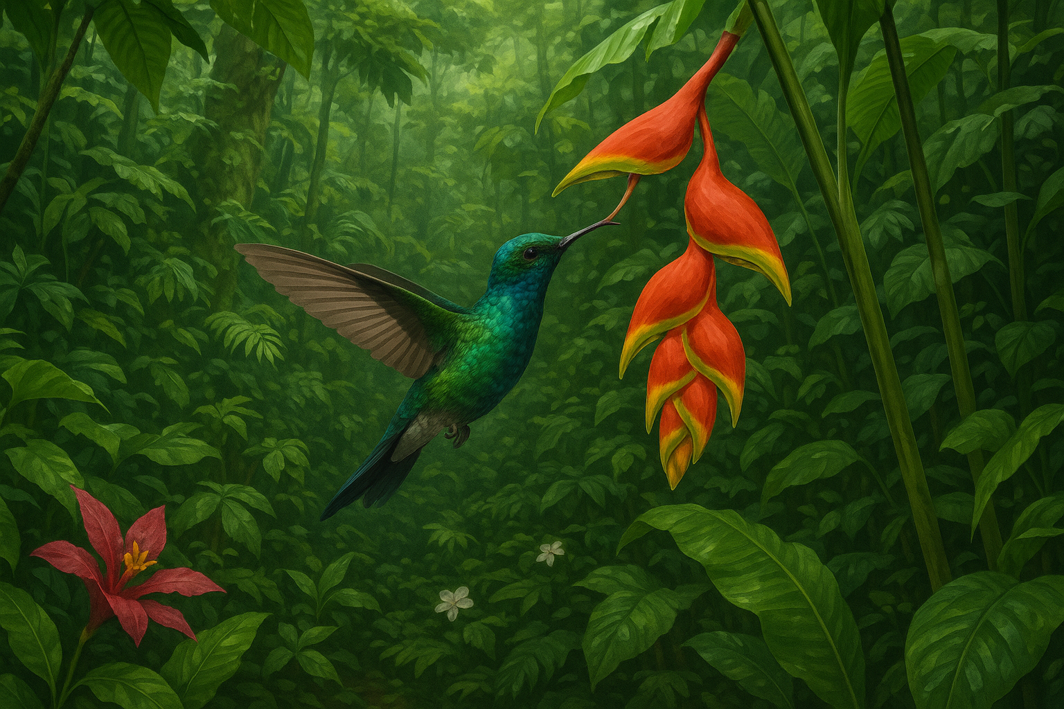 Hummingbird feeding in lush tropical rainforest setting