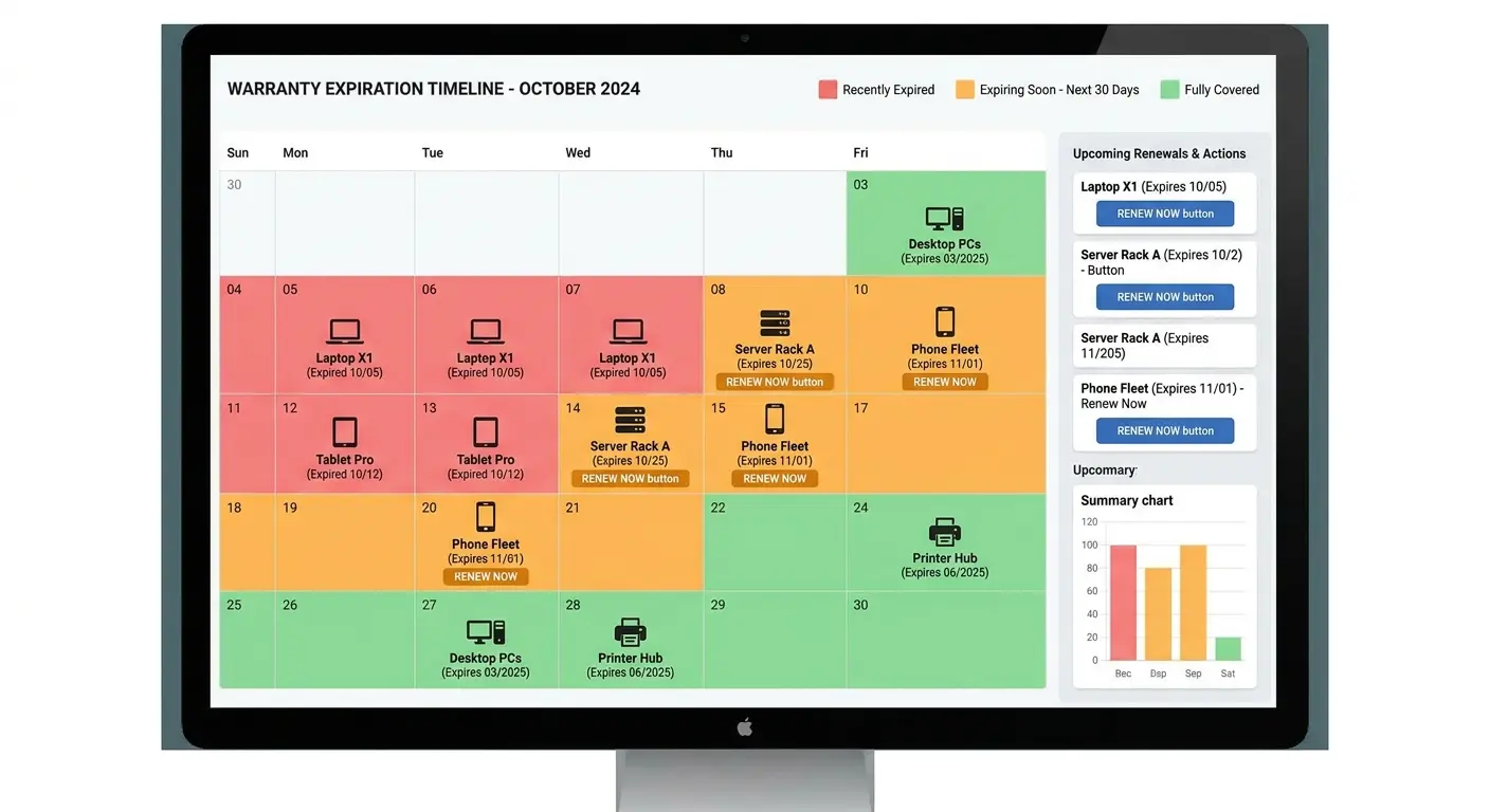 Warranty tracking dashboard showing coverage status, expiration dates, and automated renewal reminders for all assets