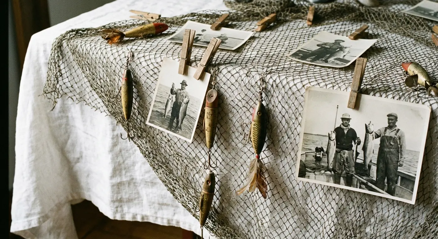 Fishing net ceiling installation with lures and bobbers as tribute decor