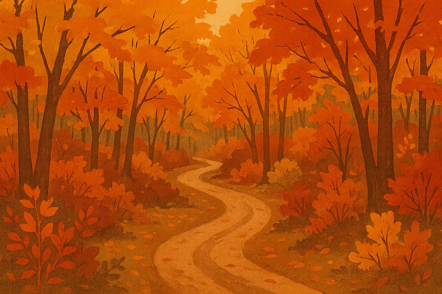 Autumn forest path with golden fall foliage and winding trail