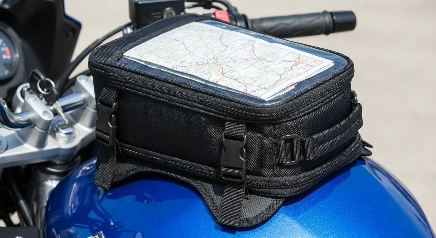 Magnetic tank bag mounted on motorcycle fuel tank