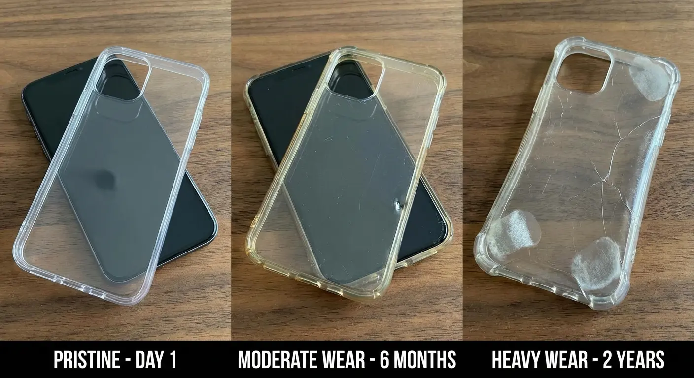 Phone case showing wear from repeated impacts