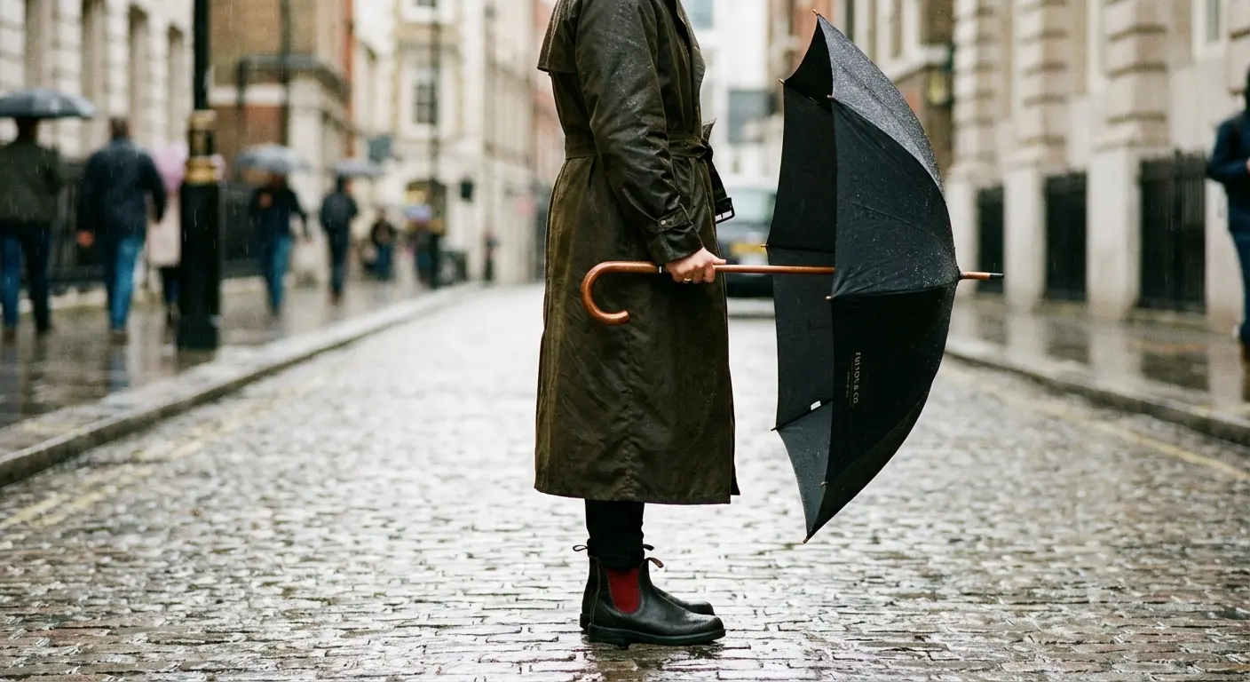 Guests at an outdoor celebration of life holding umbrellas and wearing respectful rain gear