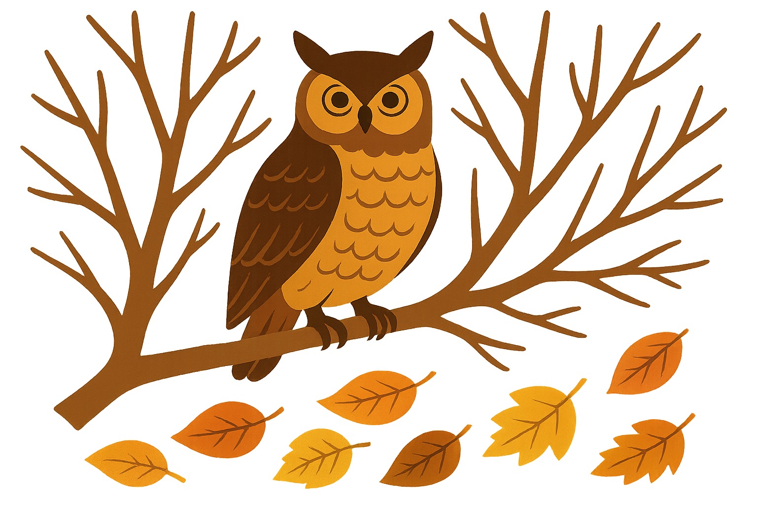 Great horned owl perched on autumn branch with fall foliage