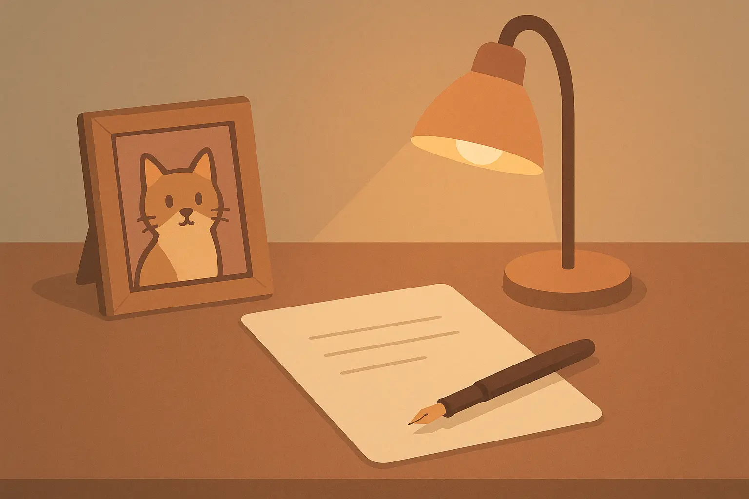 Person writing at desk with pet photos