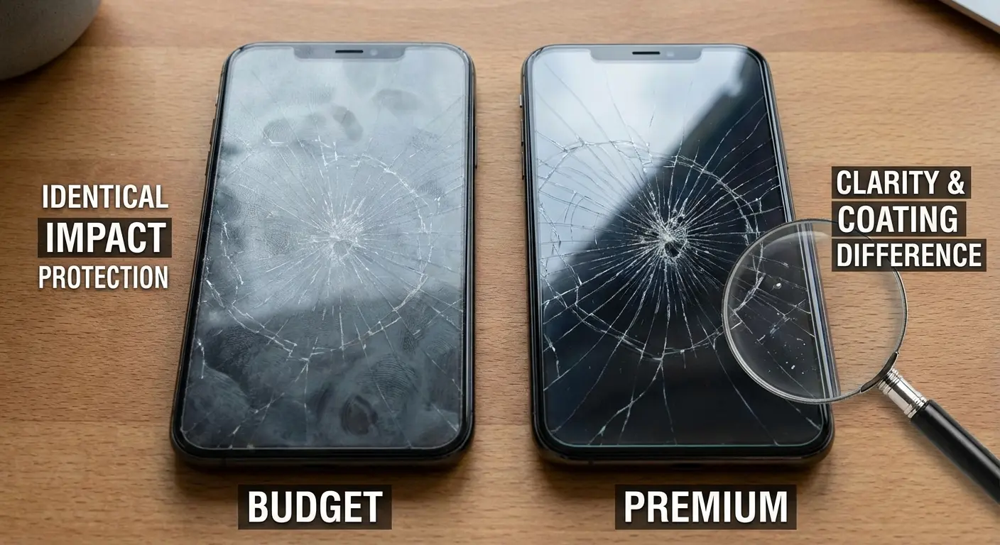 Premium and budget screen protectors side by side showing minimal functional differences