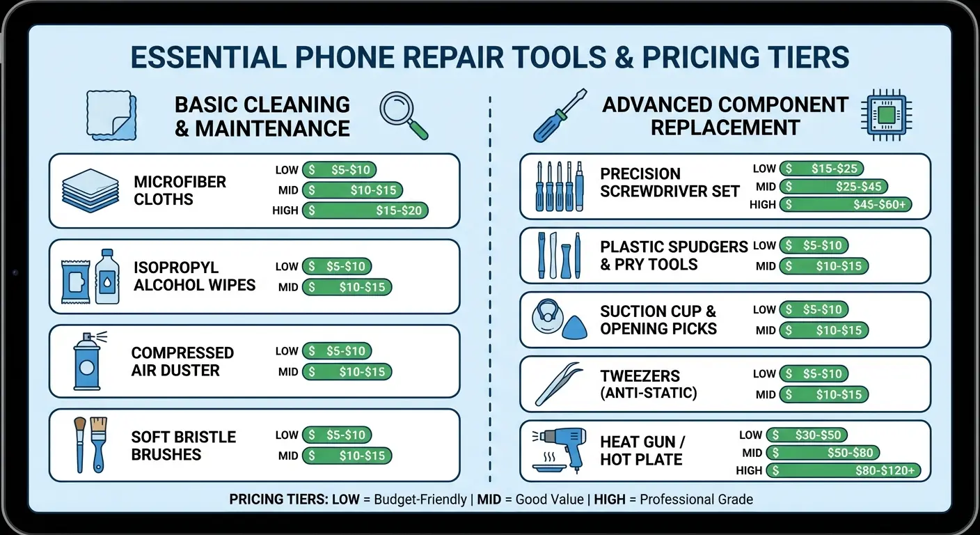 Phone repair tools laid out on workspace