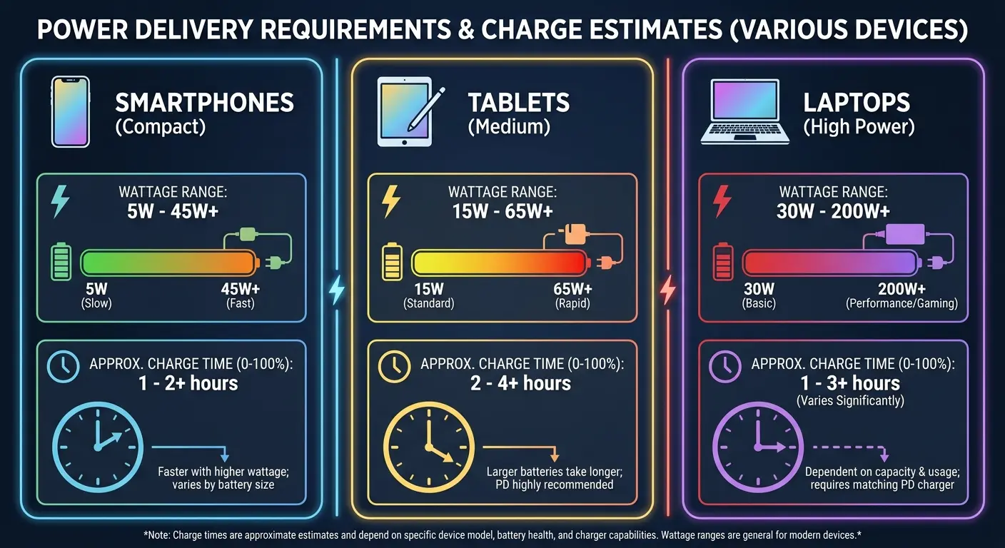 Fast charging power adapter specifications chart