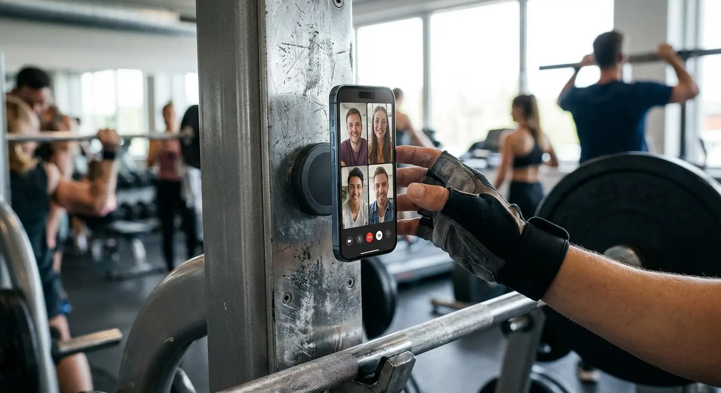 Phone magnetically attached to gym equipment
