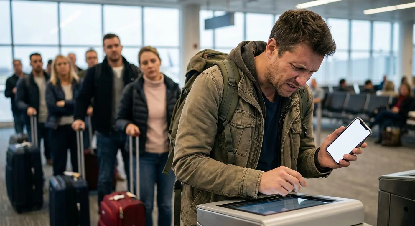 Phone displaying QR code at airport gate