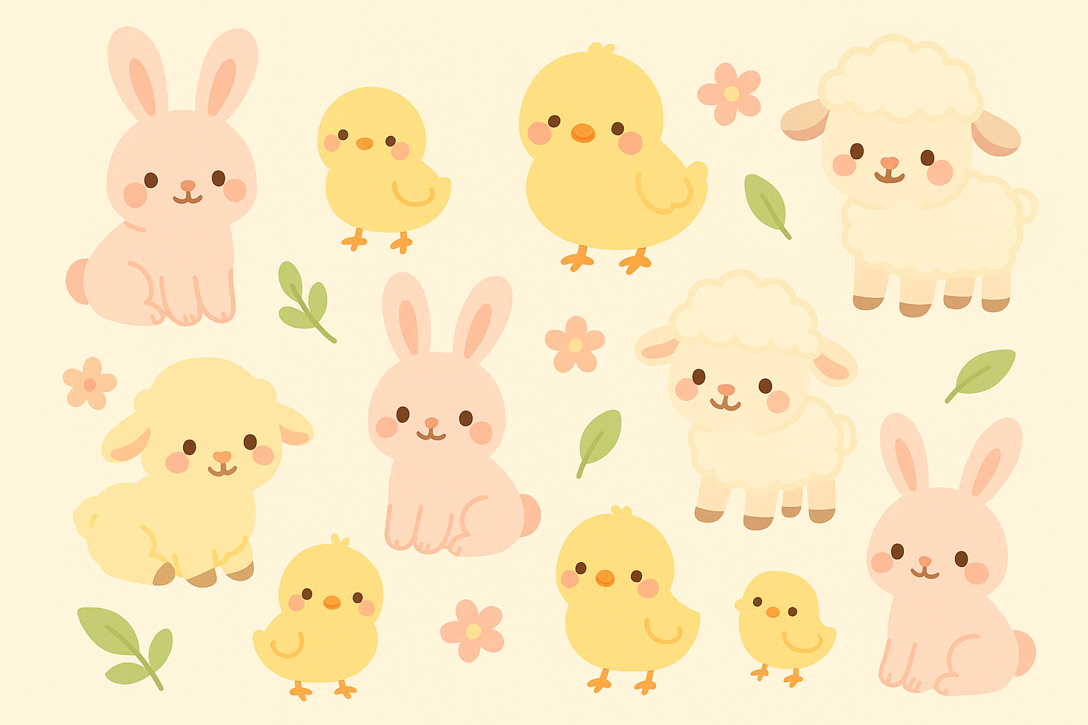 Kawaii spring animals in pastel colors