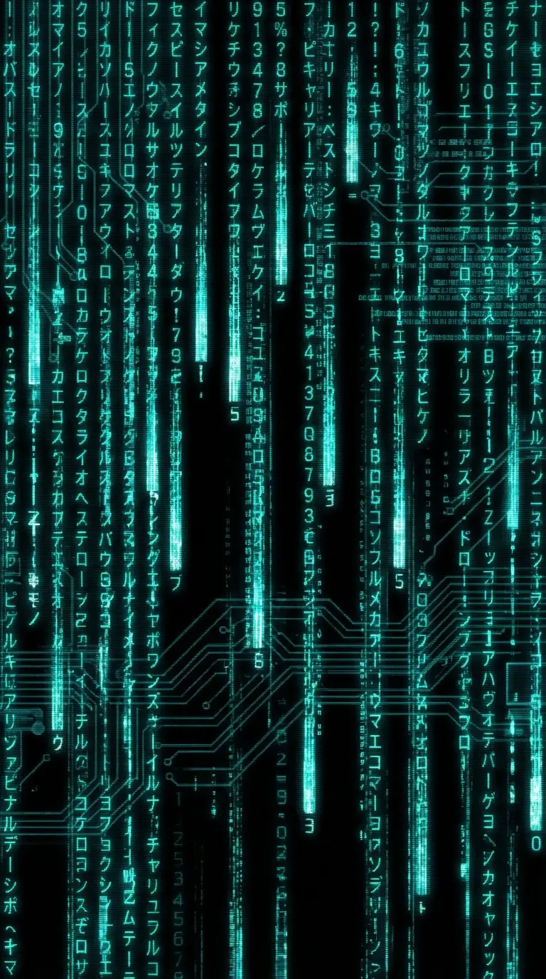 Digital Rain Matrix Style code falling in modern teal and cyan hue