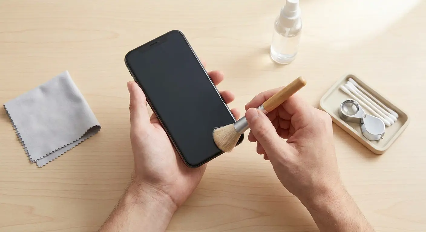 Soft-bristle brush cleaning iPhone speaker grille
