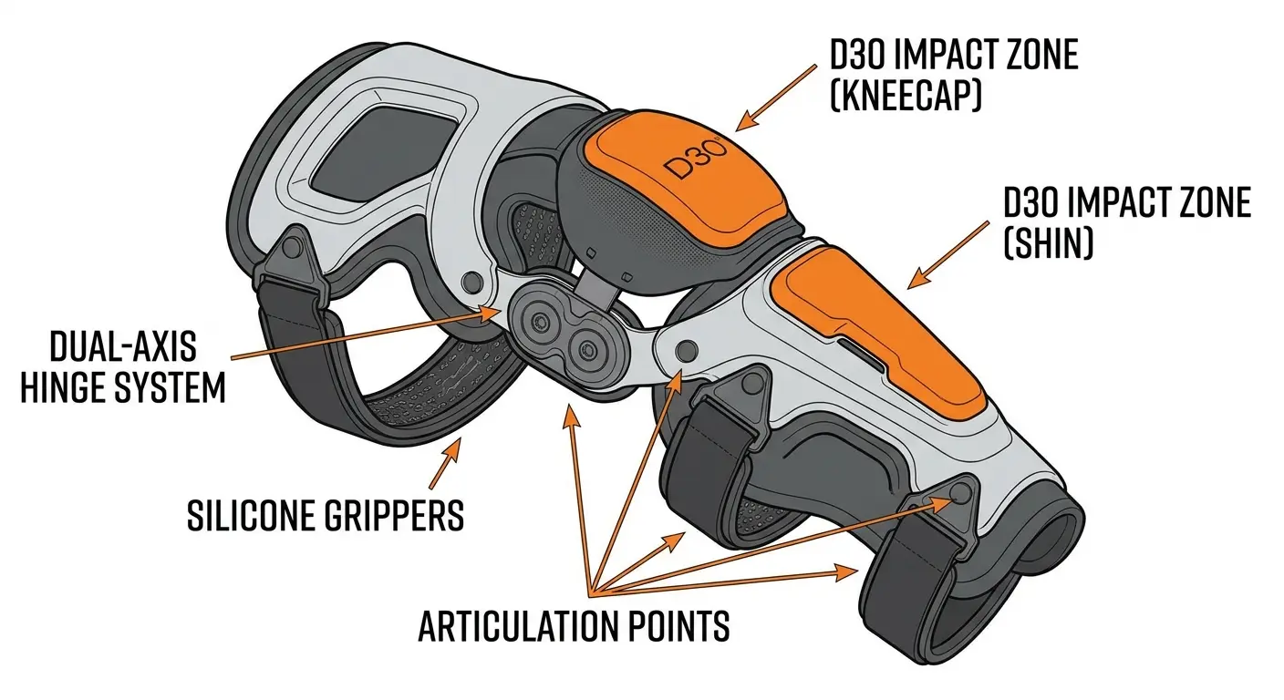 Close-up of articulated knee pad hinge mechanism