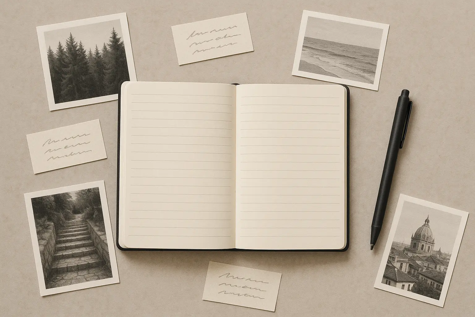 Person writing eulogy with photos of father nearby