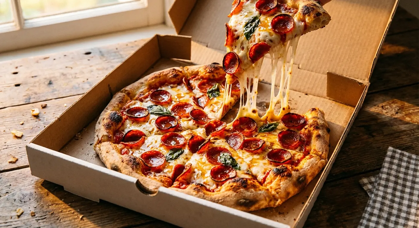 Delicious pizza in a box delivered by a local pizzeria service