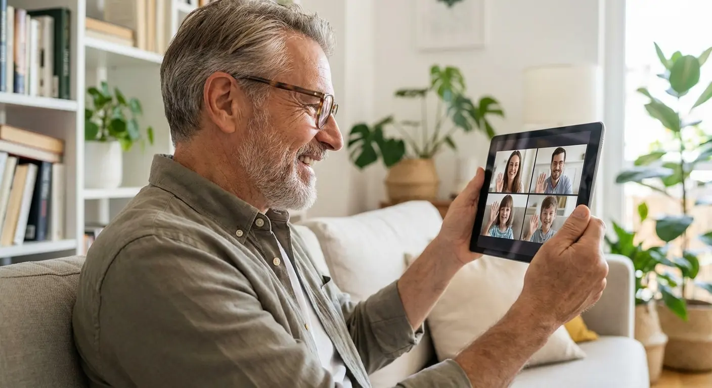 Modern grandfather using a tablet representing Modern and Non-Traditional Dynamics