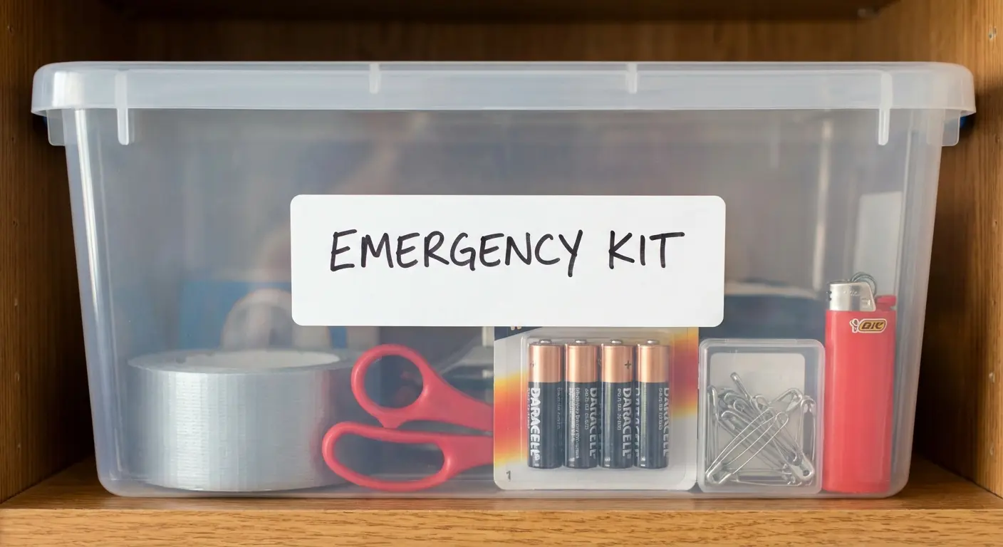 Emergency event setup kit with tape, scissors, and hooks