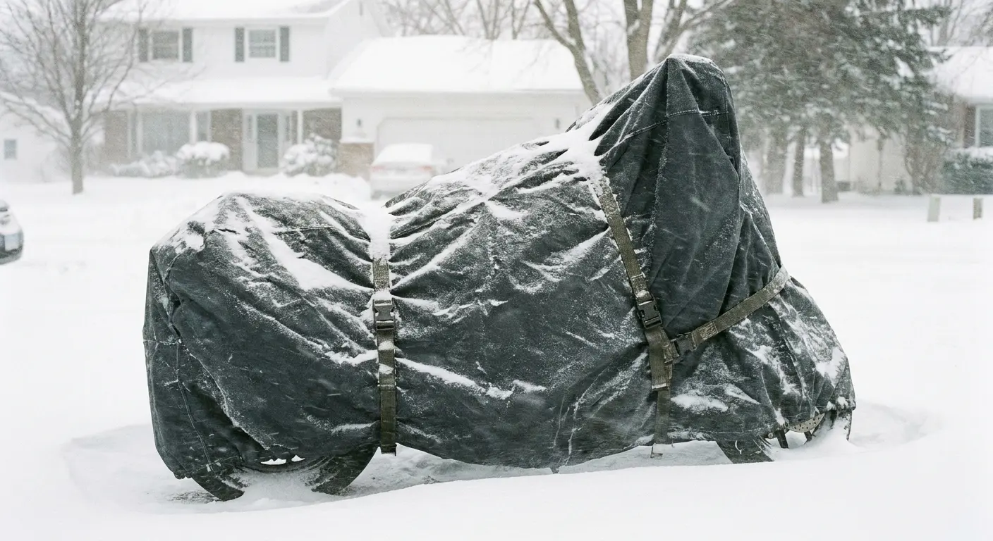 Motorcycle covered in snow with winter barrier
