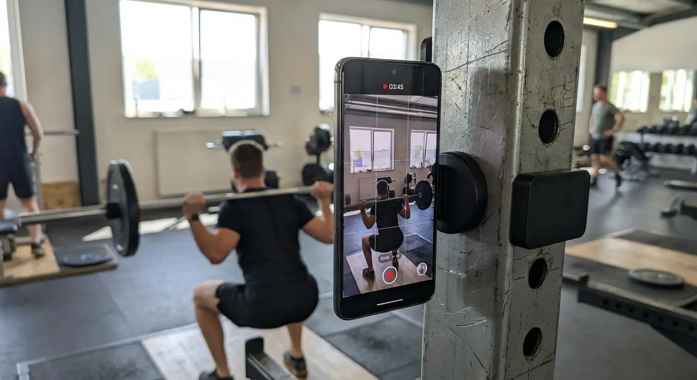 Phone magnetically mounted to gym equipment for filming
